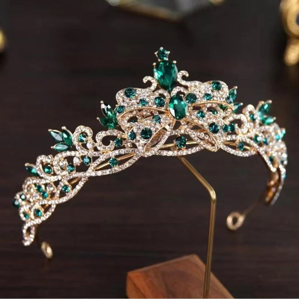 Emerald Crystal Bridal Rhinestone Crown for Pageant Prom Birthday Party Wedding - Picture 1 of 2